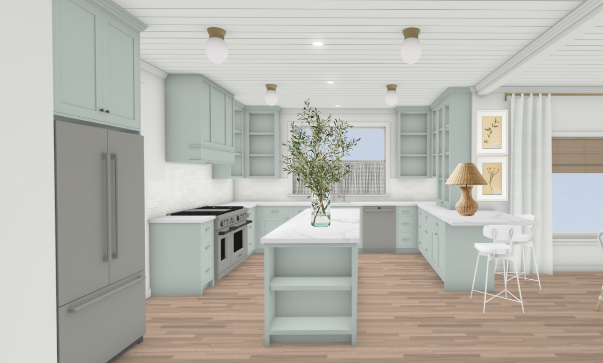 3D-rendered design of a light and airy kitchen featuring pale blue cabinetry, marble countertops, and warm wood flooring. The space includes open shelving, a central island with a glass vase and greenery, and a window dressed with a café curtain. Brass-accented flush mount lighting and layered textures like a woven lamp and natural window shades add charm and softness to the clean, coastal-inspired layout.